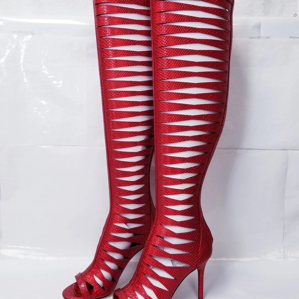 Vince Camuto Red Heeled Cut-Out Boots - Picture 2 of 6